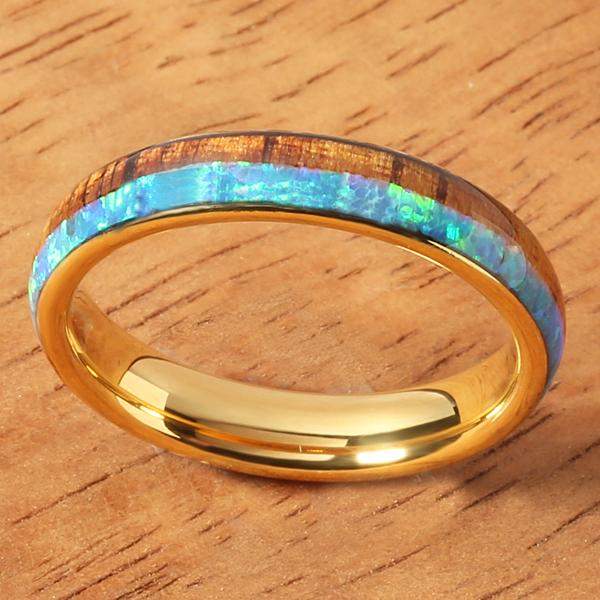 4mm Yellow Gold Tungsten Opal Hawaiian Koa Wood Ring Double Row Two Tone Dome Shape