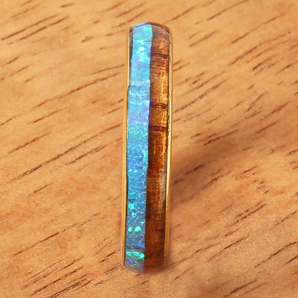 4mm Yellow Gold Tungsten Opal Hawaiian Koa Wood Ring Double Row Two Tone Dome Shape